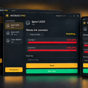 WICRESET.PRO app showing the waste ink counter on desktop and mobile